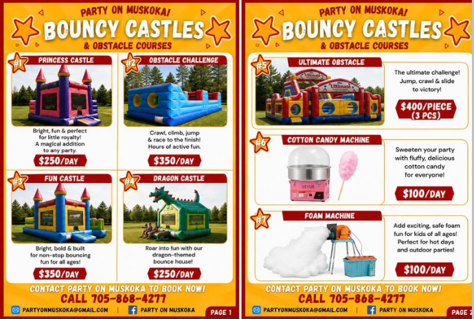 Party On Muskoka rental flyer with every bouncy castle and machine